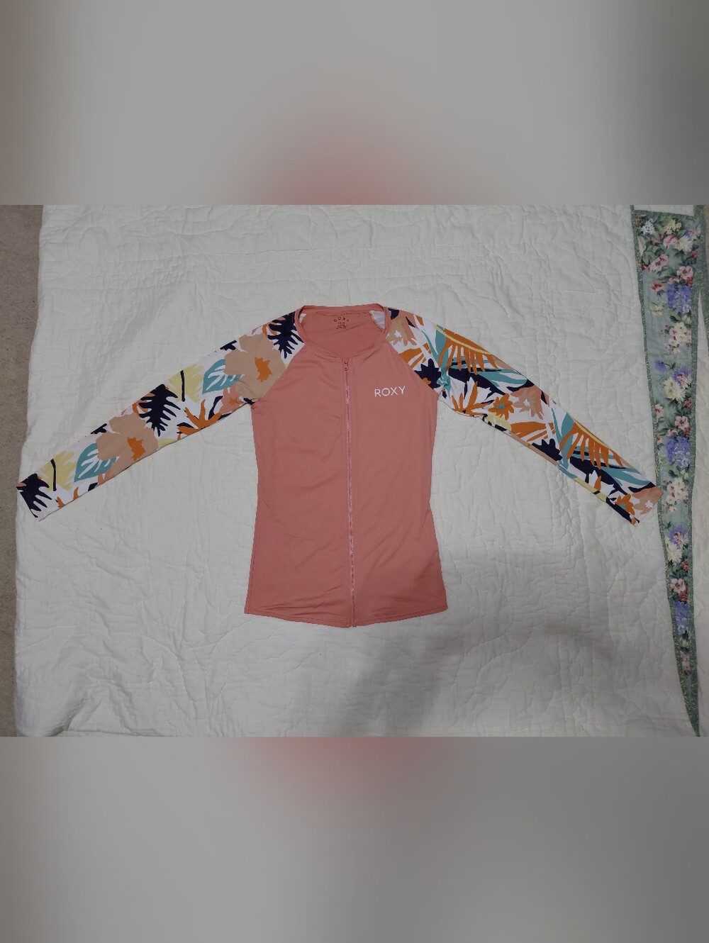 Roxy Dusty Rose Zip-Front Rash Guard with Tropical Sleeves